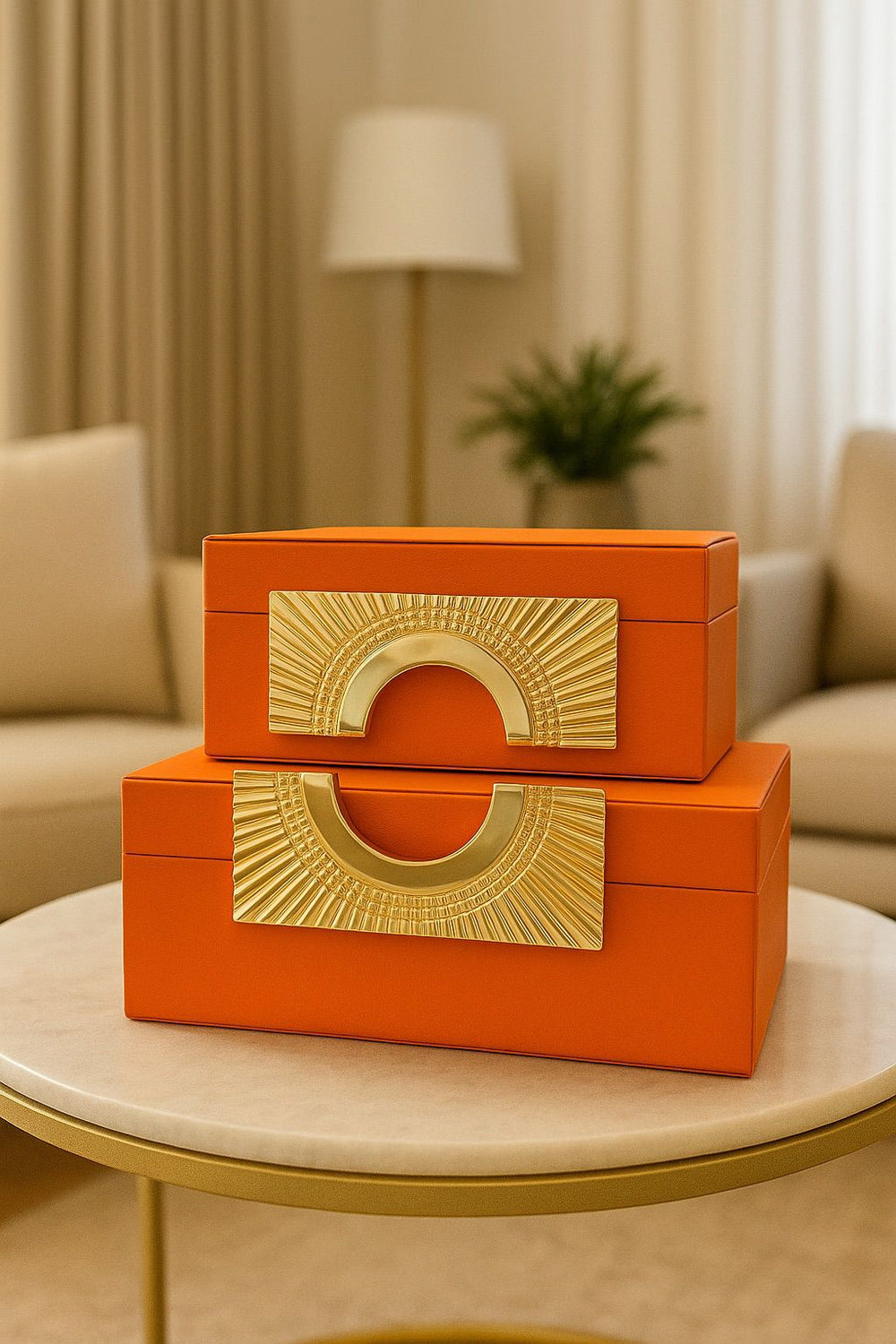 Lyxig Dekorativ Läderlåda Set med Zeus-Lock - Orange (2-pack)