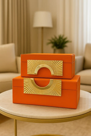 Lyxig Dekorativ Läderlåda Set med Zeus-Lock - Orange (2-pack)