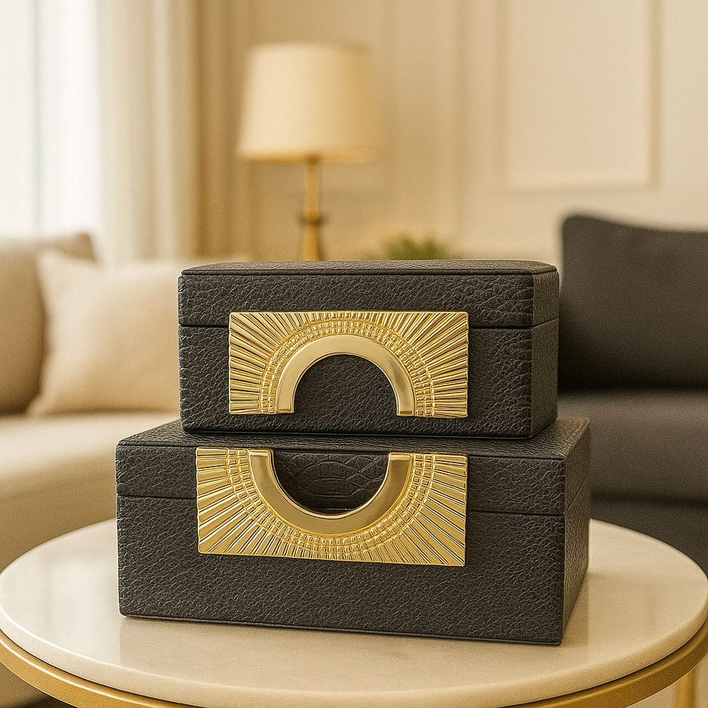 Lyxig Dekorativ Läderlåda Set med Zeus-Lock - Grå (2-pack)