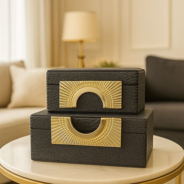 Lyxig Dekorativ Läderlåda Set med Zeus-Lock - Grå (2-pack)