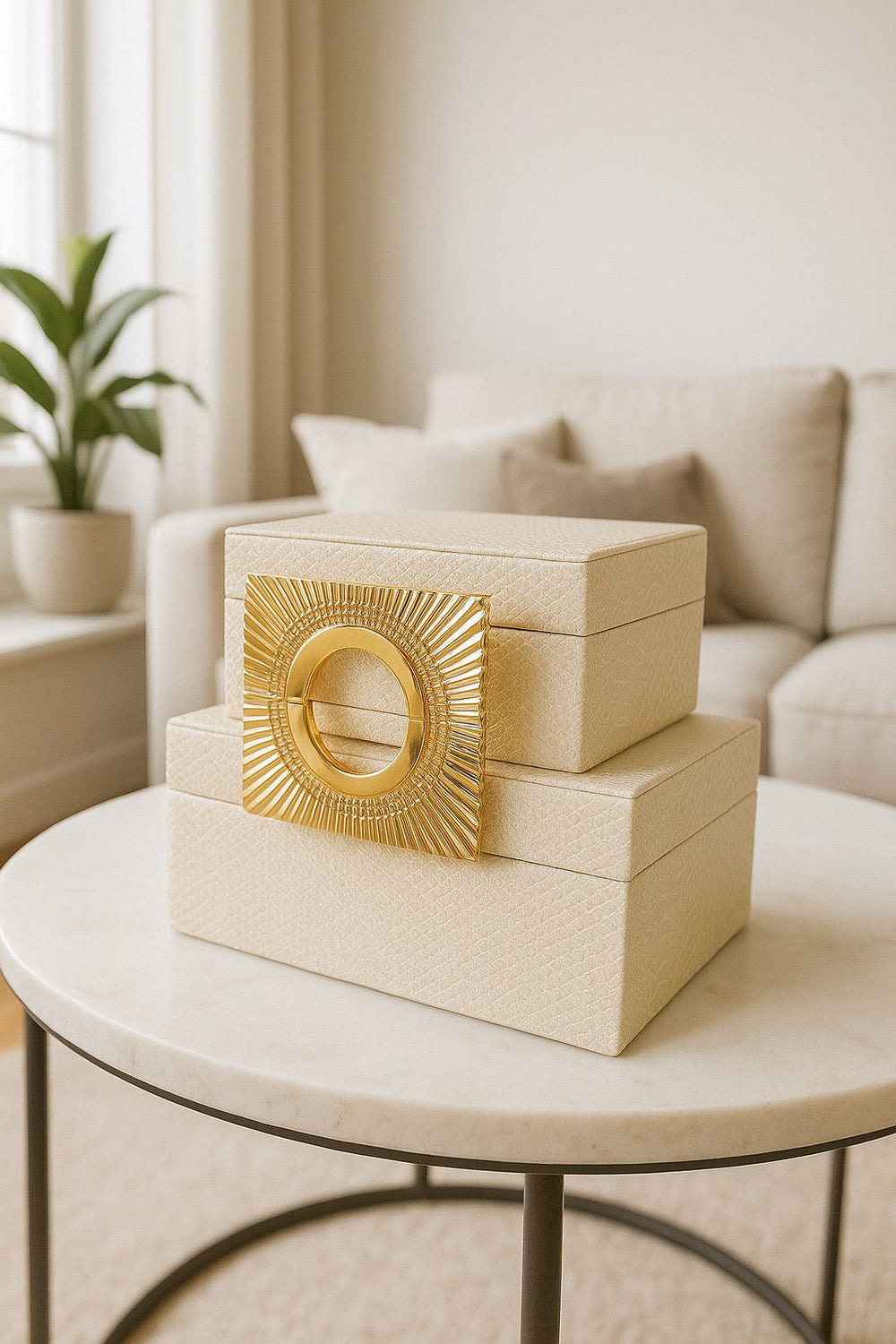 Lyxig Dekorativ Läderlåda Set med Zeus-Lock - Kräm (2-pack)