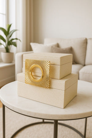 Lyxig Dekorativ Läderlåda Set med Zeus-Lock - Kräm (2-pack)