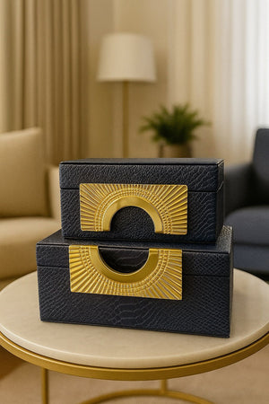 Lyxig Dekorativ Läderlåda Set med Zeus-Lock - Svart (2-pack)