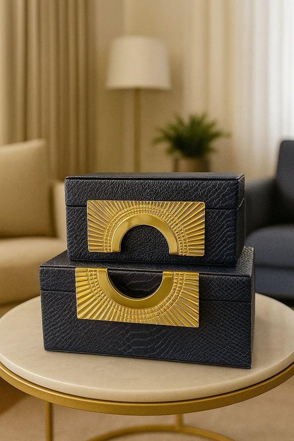 Lyxig Dekorativ Läderlåda Set med Zeus-Lock - Svart (2-pack)