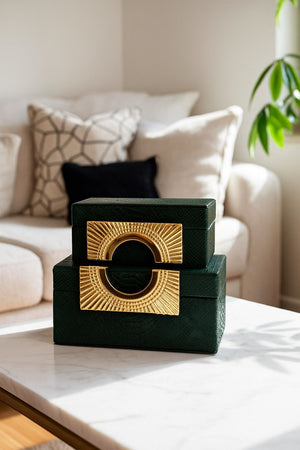 Lyxig Dekorativ Läderlåda Set med Zeus-Lock - Grön (2-pack)