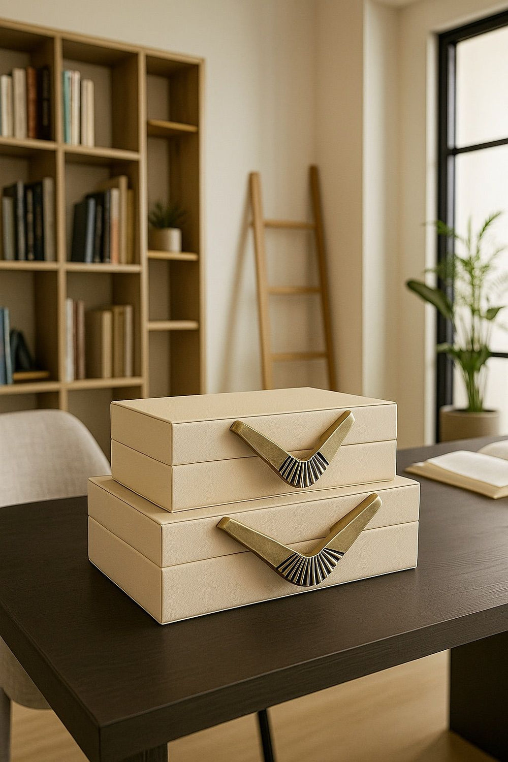 Lyxig Dekorativ Läderlåda Set med Bumerang-Handtag - Beige (2-pack)