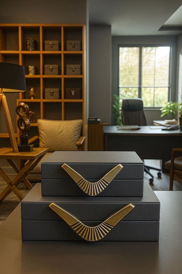 Lyxig Dekorativ Läderlåda Set med Bumerang-Handtag - Grå (2-pack)