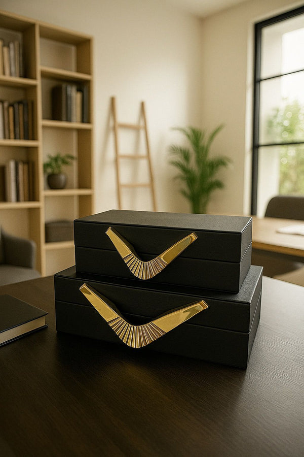 Lyxig Dekorativ Läderlåda Set med Bumerang-Handtag - Svart (2-pack)