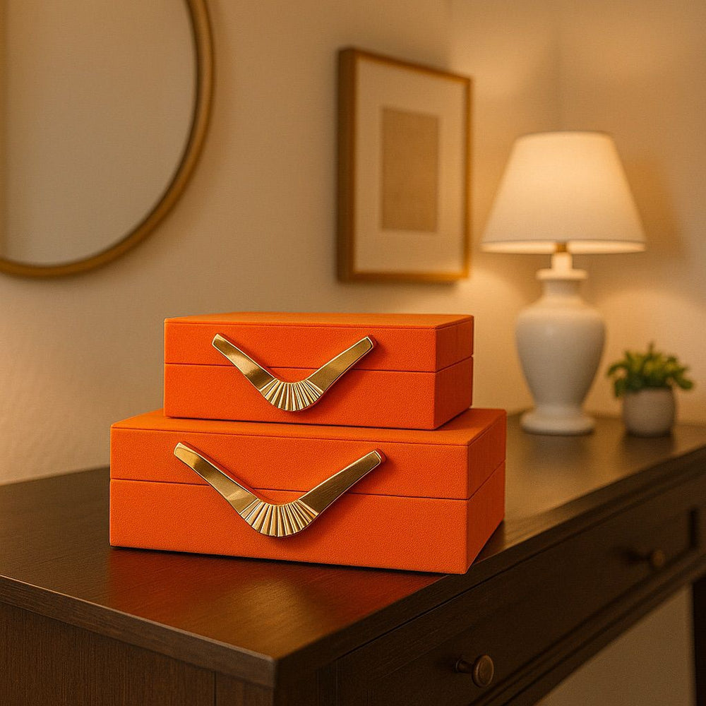 Lyxig Dekorativ Läderlåda Set med Bumerang-Handtag - Orange (2-pack)