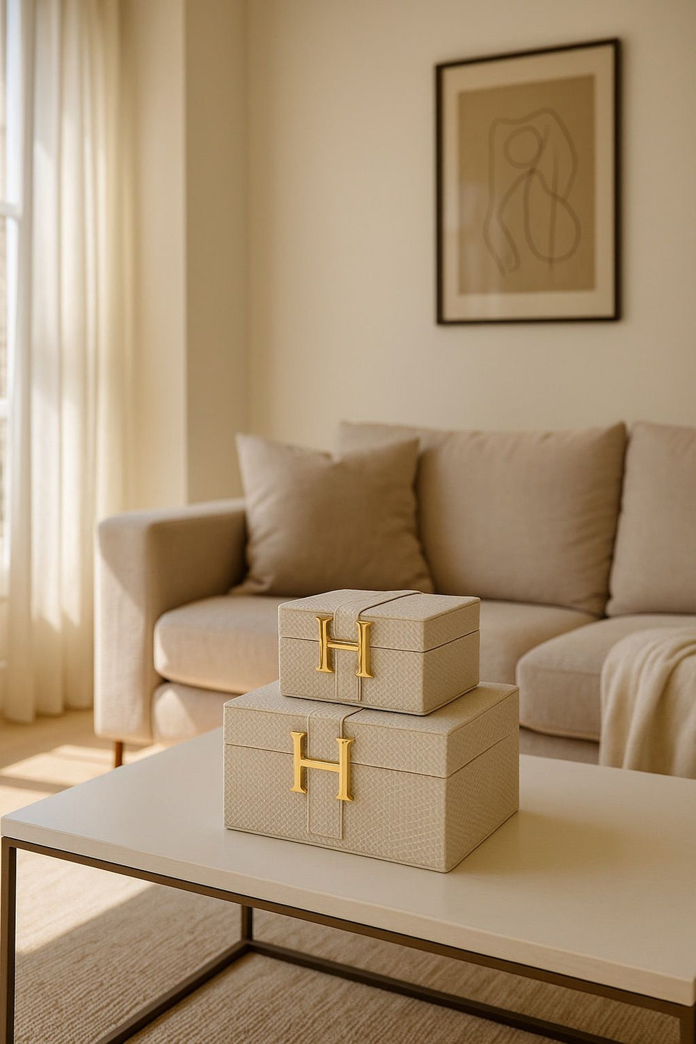 Lyxig Dekorativ Läderlåda Set H-Modell - Kräm  (2-pack)