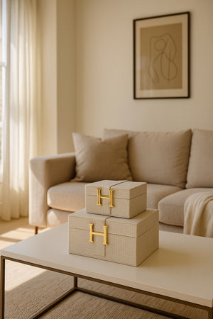 Lyxig Dekorativ Läderlåda Set H-Modell - Kräm  (2-pack)