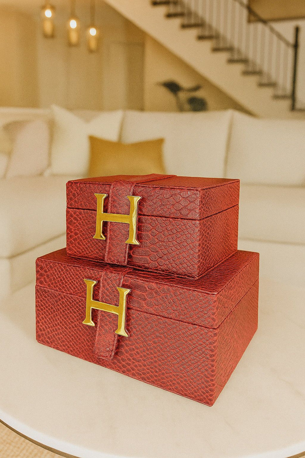 Lyxig Dekorativ Läderlåda Set H-Modell - Vinröd (2-pack)