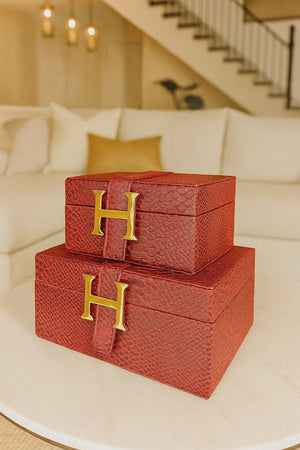 Lyxig Dekorativ Läderlåda Set H-Modell - Vinröd (2-pack)