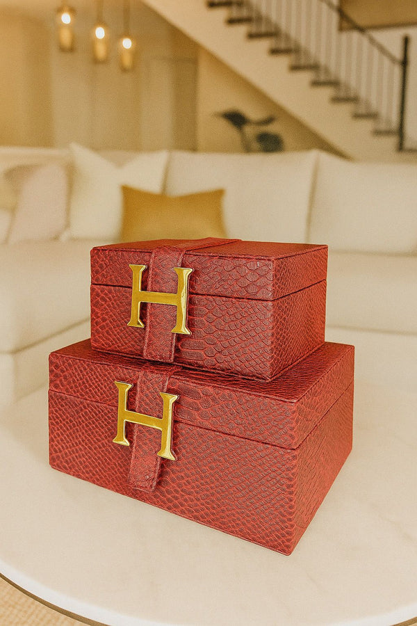 Lyxig Dekorativ Läderlåda Set H-Modell - Vinröd (2-pack)