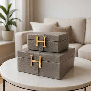 Lyxig Dekorativ Läderlåda Set H-Modell - Grå (2-pack)