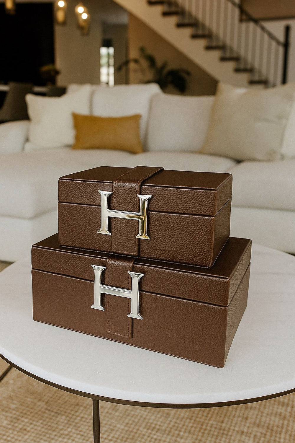 Lyxig Dekorativ Läderlåda Set H-Modell - Brun (2-pack)