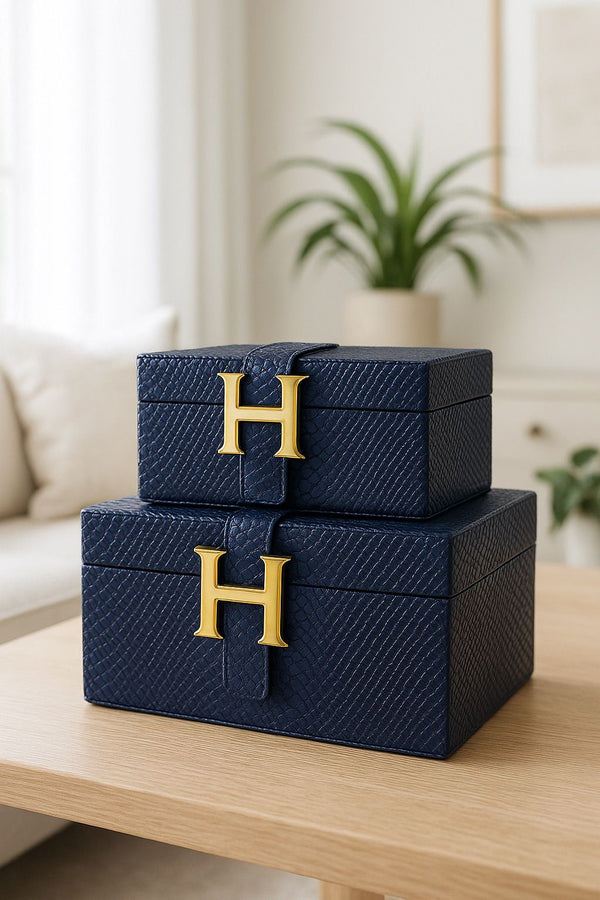 Lyxig Dekorativ Läderlåda Set H-Modell - Marinblå (2-pack)