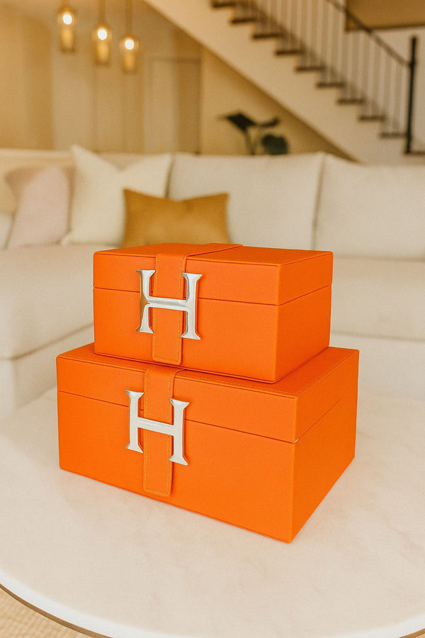 Lyxig Dekorativ Läderlåda Set H-Modell - Orange (2-pack)