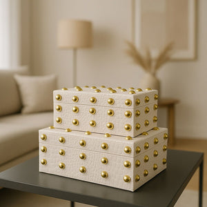 Lyxig Dekorativ Läderlåda Set med Nitar  - Kräm (2-pack)