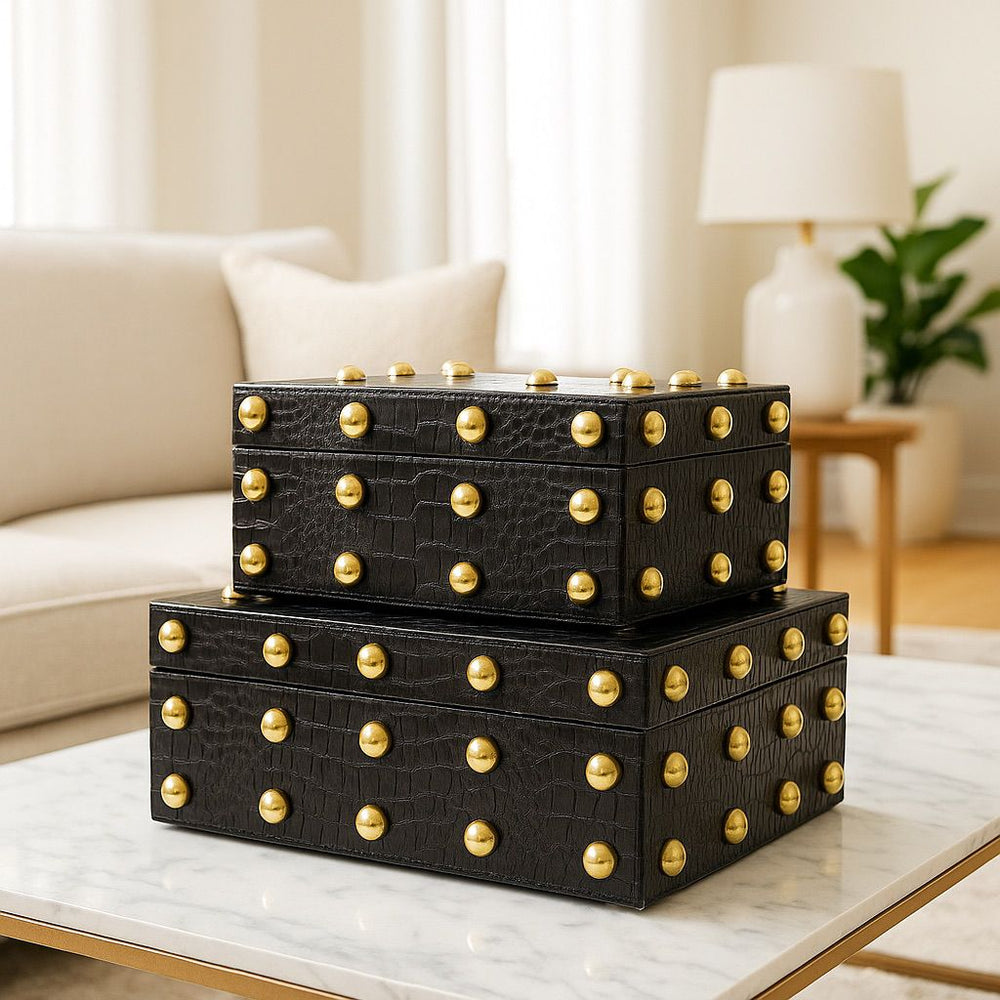 Lyxig Dekorativ Läderlåda Set med Nitar - Svart (2-pack)