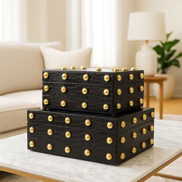 Lyxig Dekorativ Läderlåda Set med Nitar - Svart (2-pack)