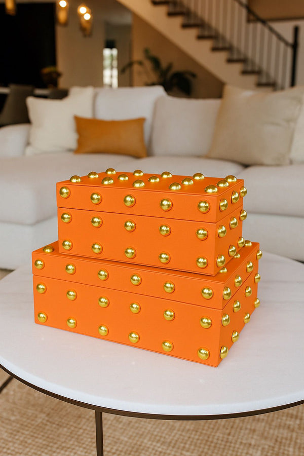 Lyxig Dekorativ Läderlåda Set med Nitar - Orange (2-pack)