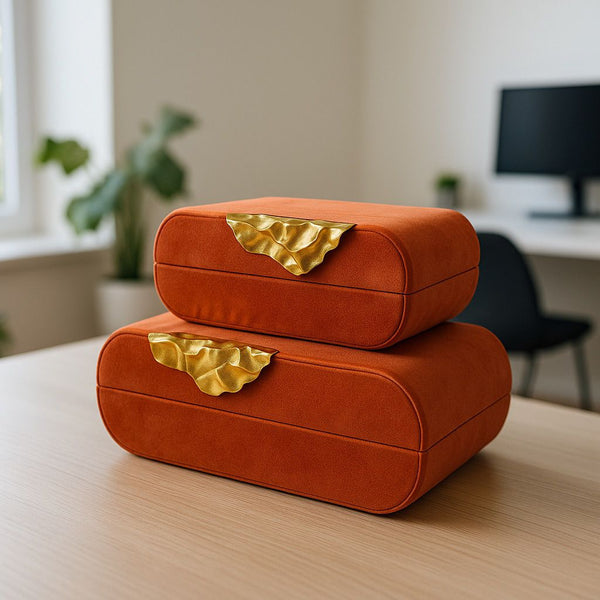 Lyxig Dekorativ Läderlåda Set med Vågiga Metalldetaljer - Orange (2-pack)