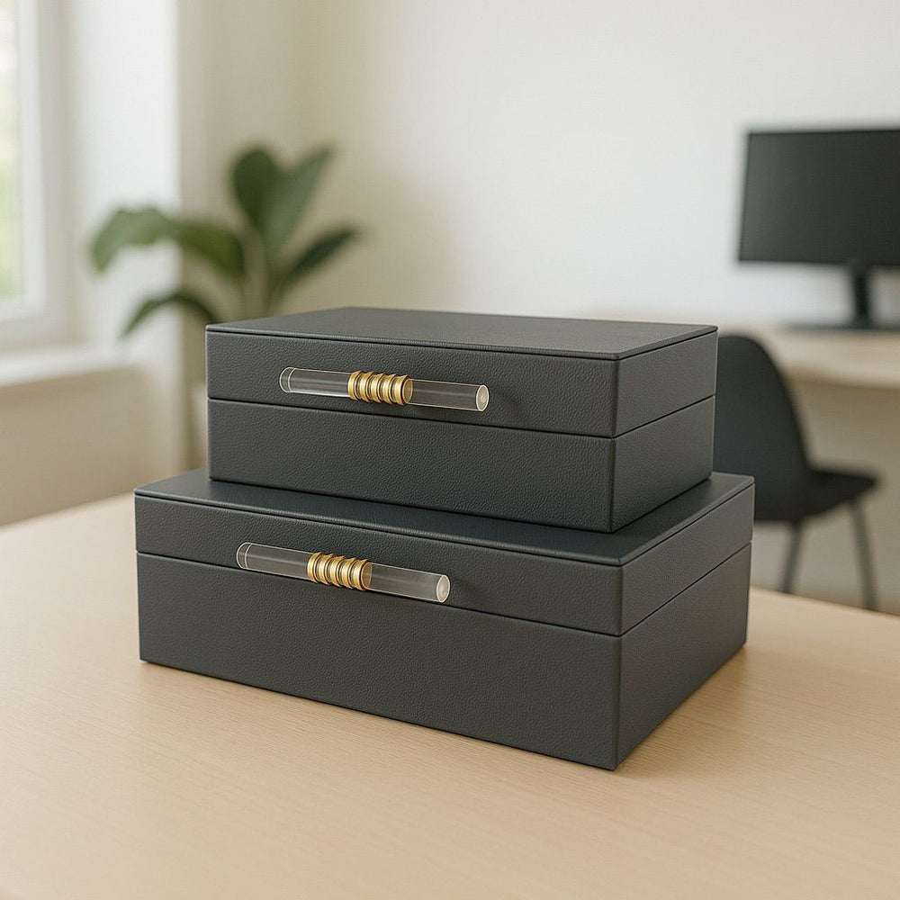 Lyxig Dekorativ Läderlåda Set med Glashandtag - Grå (2-pack)