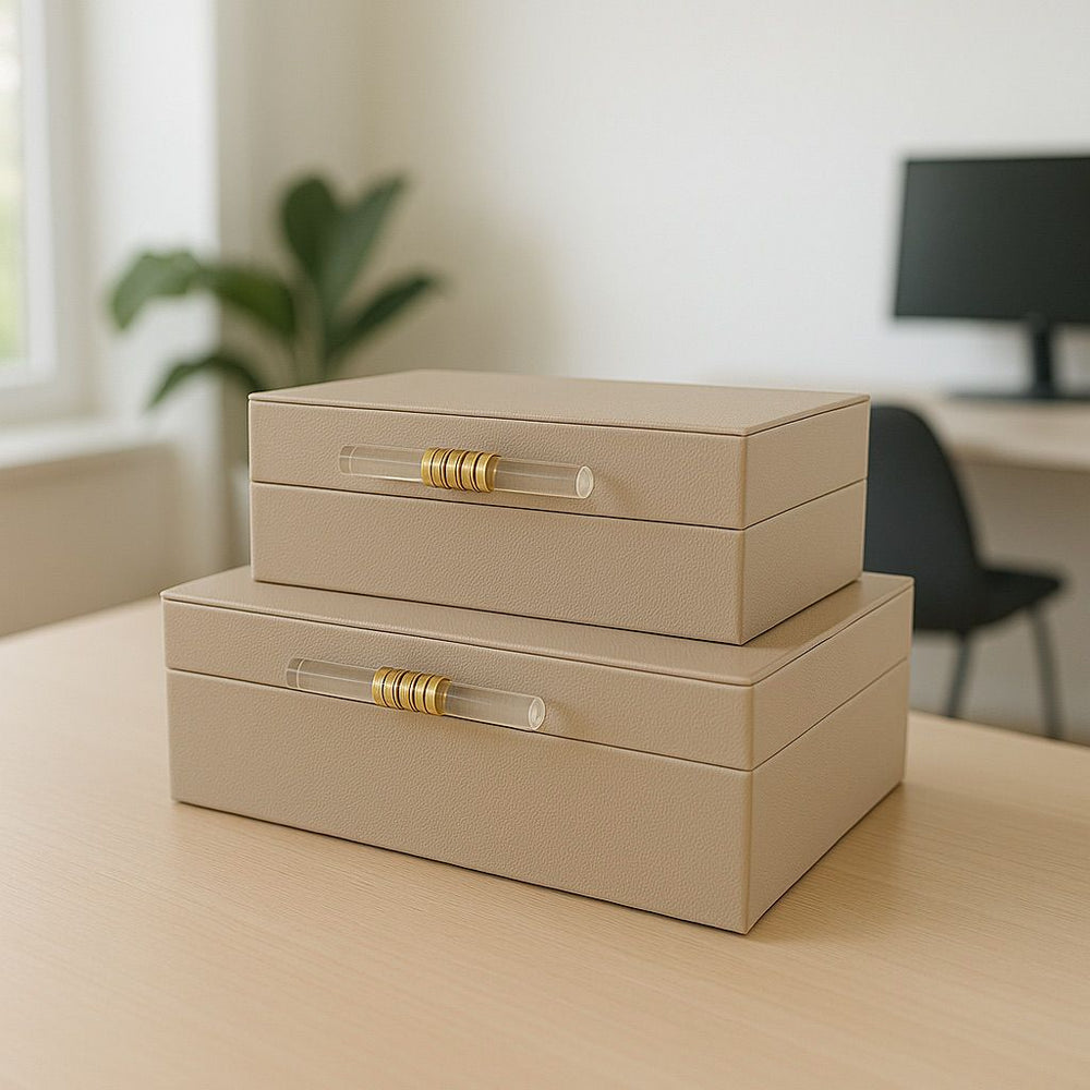 Lyxig Dekorativ Läderlåda Set med Glashandtag - Kräm (2-pack)