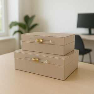 Lyxig Dekorativ Läderlåda Set med Glashandtag - Kräm (2-pack)