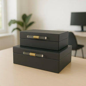 Lyxig Dekorativ Läderlåda Set med Glashandtag - Svart (2-pack)