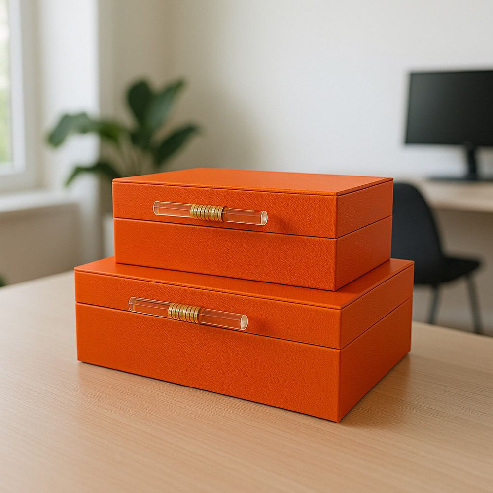 Lyxig Dekorativ Läderlåda Set med Glashandtag - Orange (2-pack)