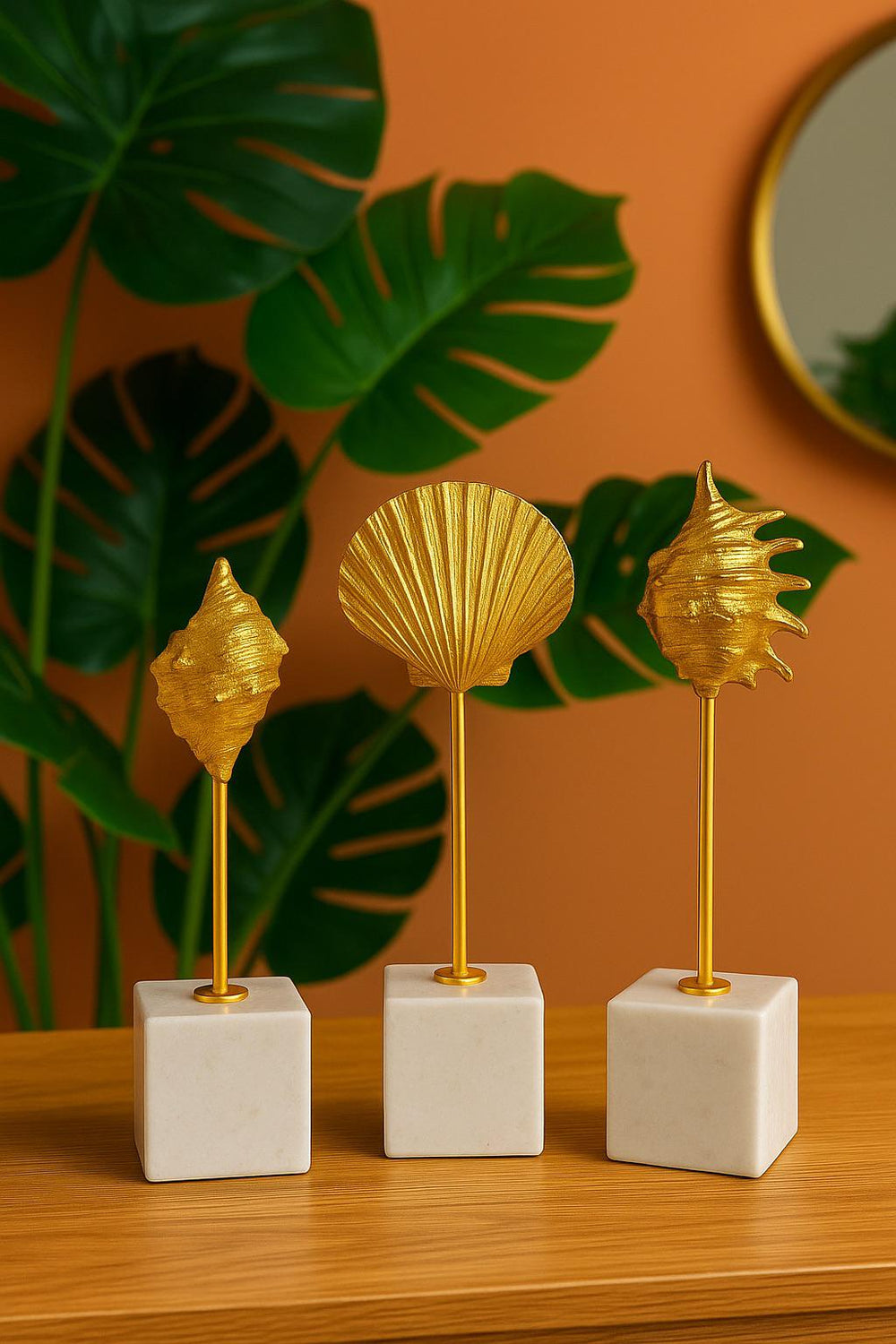 Lyxigt Dekorativt Set Snäckskal / Mussel Figur på Marmorbas - Guld (3-pack)