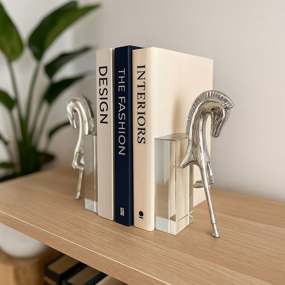 Lyxigt Bokstöd Set med Trojansk Häst Figur på Kristallbas - Silver (2-pack)