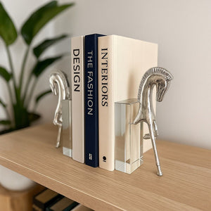 Lyxigt Bokstöd Set med Trojansk Häst Figur på Kristallbas - Silver (2-pack)