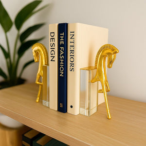 Lyxigt Bokstöd Set med Trojansk Häst Figur på Kristallbas - Guld (2-pack)