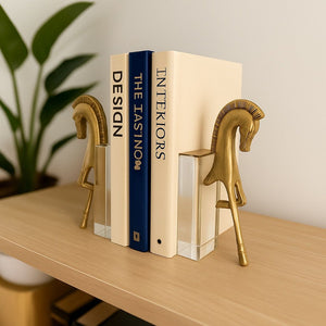 Lyxigt Bokstöd Set med Trojansk Häst Figur på Kristallbas - Antik Guld (2-pack)