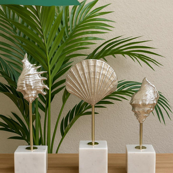 Lyxigt Dekorativt Set Snäckskal / Mussel Figur på Marmorbas - Silver (3-pack)