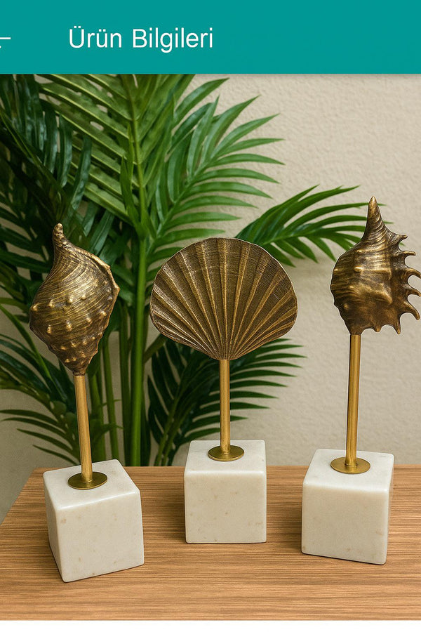 Lyxigt Dekorativt Set Snäckskal / Mussel Figur på Marmorbas - Antik Guld (3-pack)