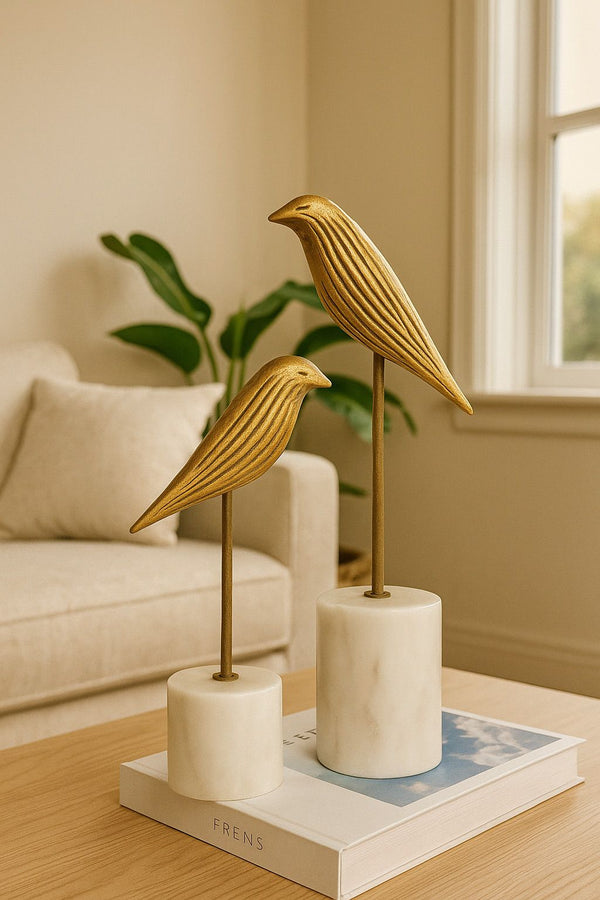 Lyxigt Dekorativt Set med Fågel Figur på Marmorbas - Antik Guld (2-pack)