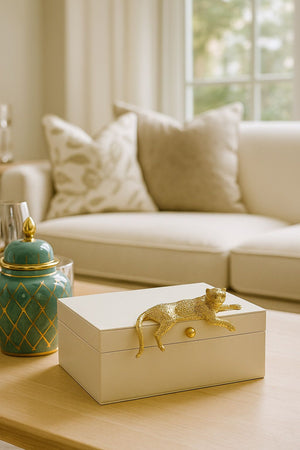 Lyxig Dekorativ Läderlåda med Figur av Leopard/Gepard - Vit