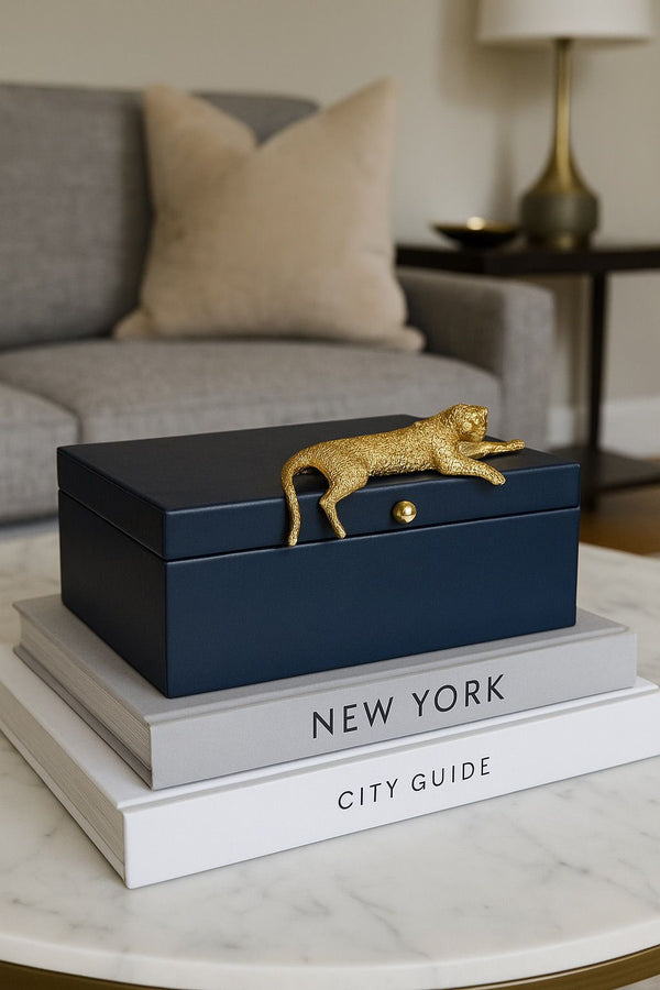 Lyxig Dekorativ Läderlåda med Figur av Leopard/Gepard - Marinblå