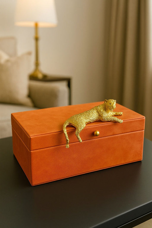 Lyxig Dekorativ Läderlåda med Figur av Leopard/Gepard - Orange