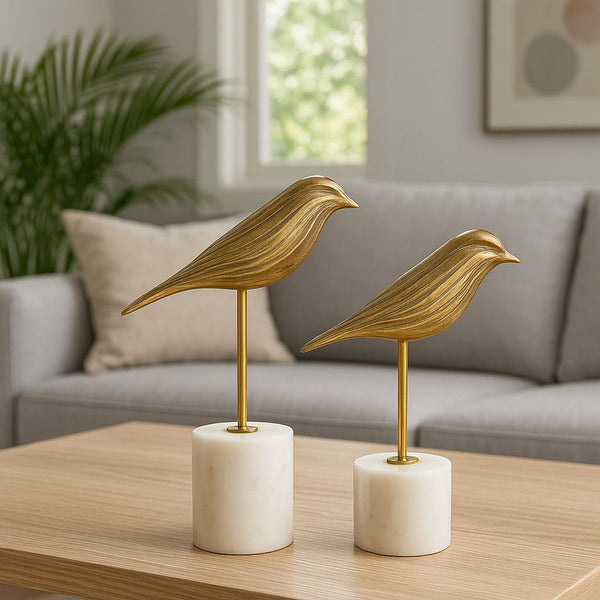 Lyxigt Dekorativt Set med Fågel Figur på Marmorbas - Guld (2-pack)