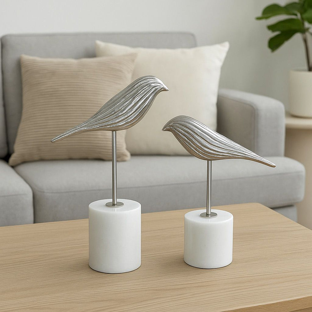 Lyxigt Dekorativt Set med Fågel Figur på Marmorbas - Silver  (2-pack)
