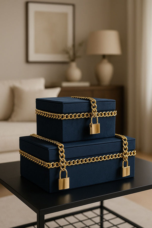 Lyxig Dekorativ Läderlåda Set med Kedje- och Låsdetaljer - Grå (2-pack)