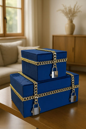 Lyxig Dekorativ Läderlåda Set med Kedje- och Låsdetaljer -Marinblå (2-pack)