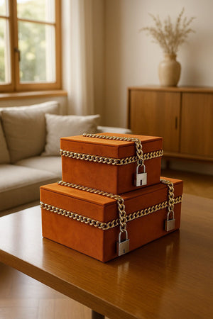 Lyxig Dekorativ Läderlåda Set med Kedje- och Låsdetaljer - Orange (2-pack)