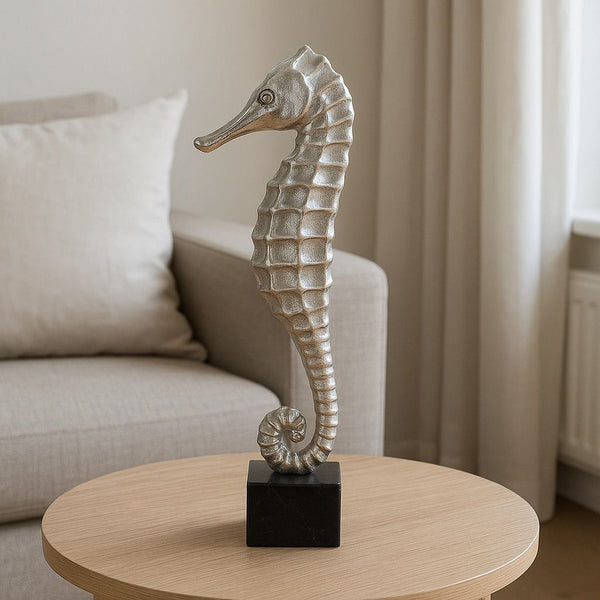 Lyxig Sjöhäst Figur / Dekor i Antik Brons på Marmorbas - Silver