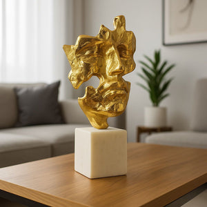 Lyxig Abstrakt Ansiktsskulptur / Konstföremål i Guldfärg på Marmorbas - Guld